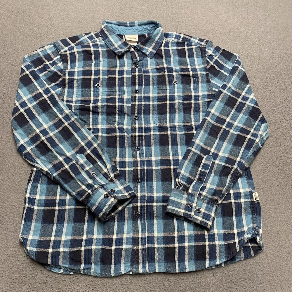 North Face Shirt Mens Large Blue Plaid Flannel‎ Button Down Outdoor Casual